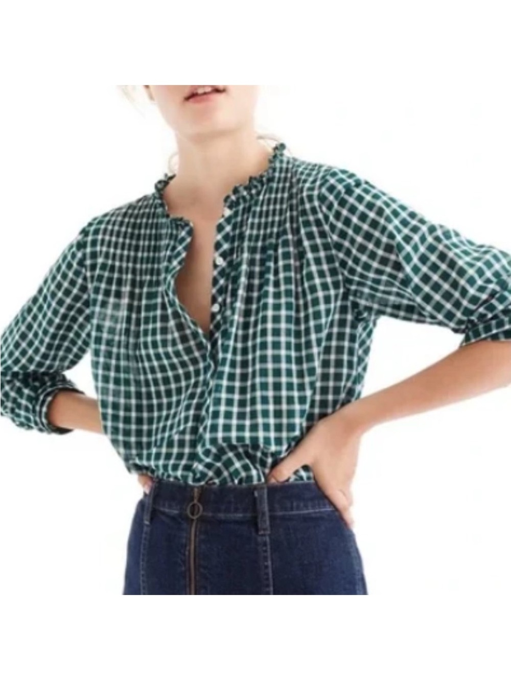 J. Crew Green and White Gingham Ruffle-Trim Blouse